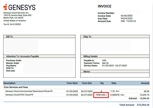 Genesys Cloud invoice