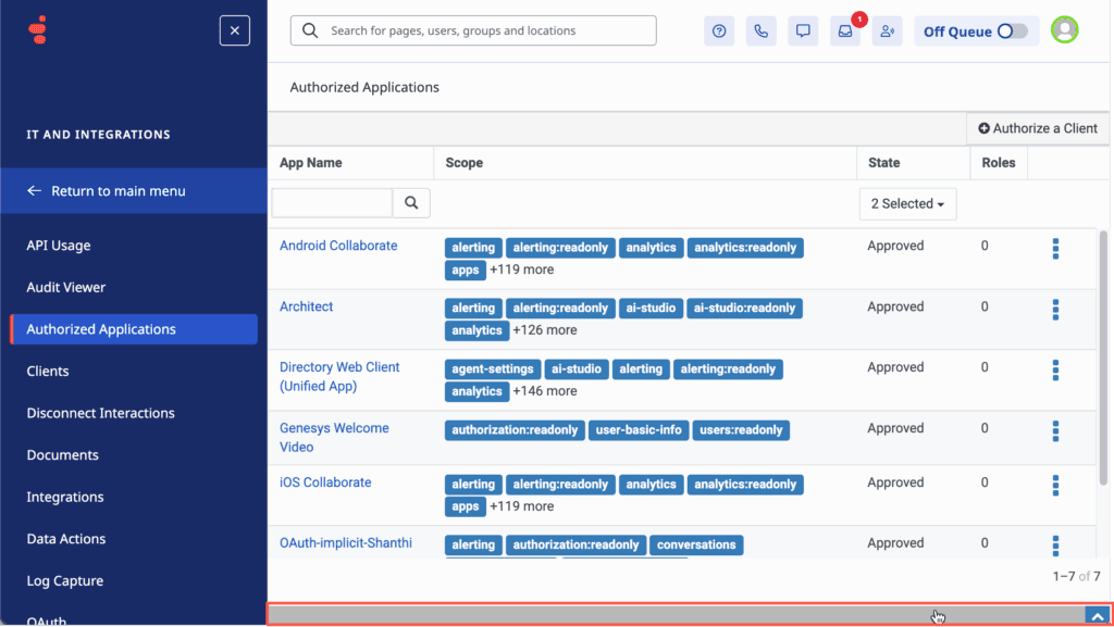 The Show audits footer option at the bottom of the Authorized Applications page