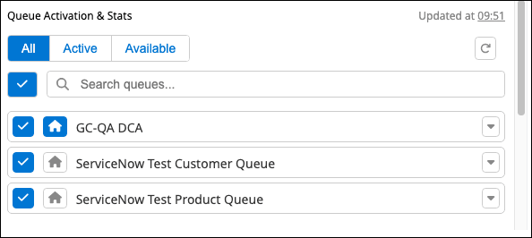 This image is a screenshot of the queue activation component in the ServiceNow workspace.