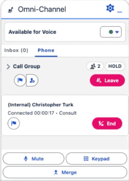 This image is a screenshot of the consult call in Salesforce Service Cloud Voice.