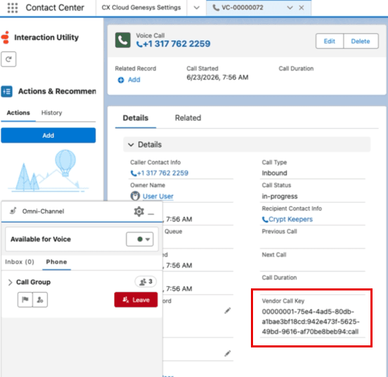 This image is a screenshot of the Salesforce voice call record that shows the vendor call key record.