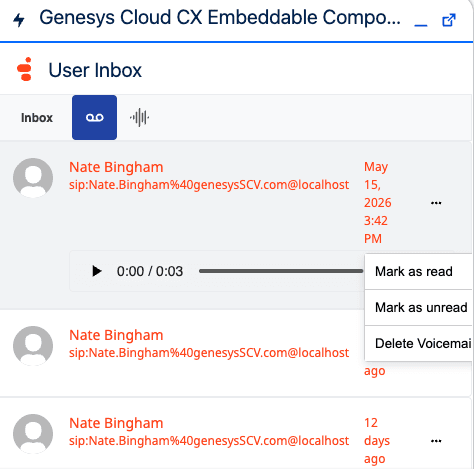This image is a screenshot of the voicemail component that shows the options available for managing voicemails.