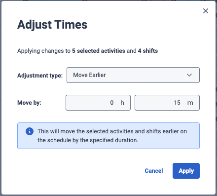 Displays the adjust times dialog box.