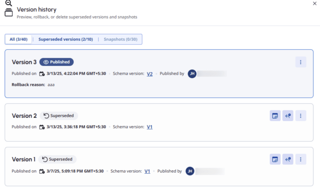 Version history of a published decision table