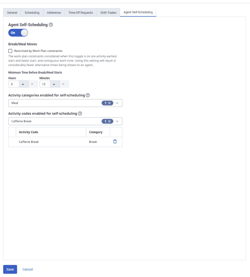 Displays the Agent Self Scheduling tab in the Management Unit
