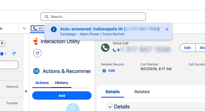 This image is a screenshot of the auto answer notification for an agent in the Salesforce Service Cloud voice console.