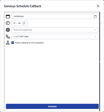 This image is a screenshot of the Genesys Schedule Callback widget that opens in the ServiceNow UI.