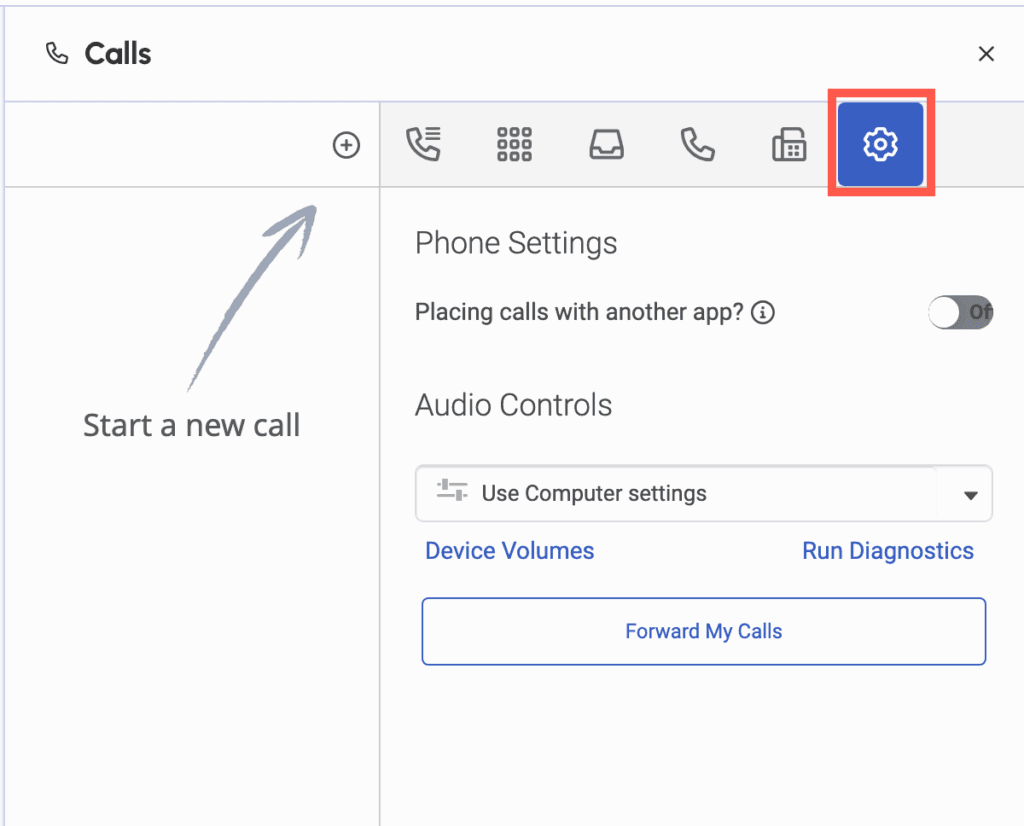 Click to enlarge. The Phone Settings icon on the Calls panel