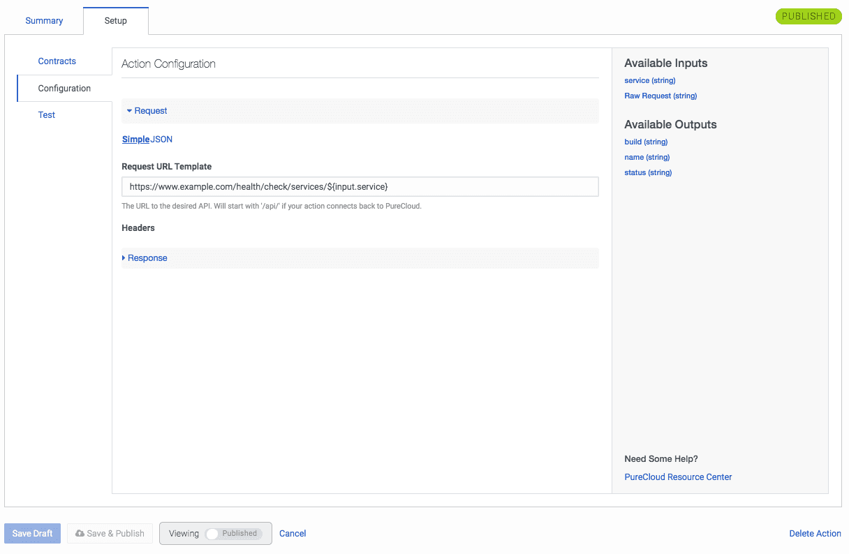 Click to enlarge. Manage Actions Setup tab Configuration screen in Genesys Cloud