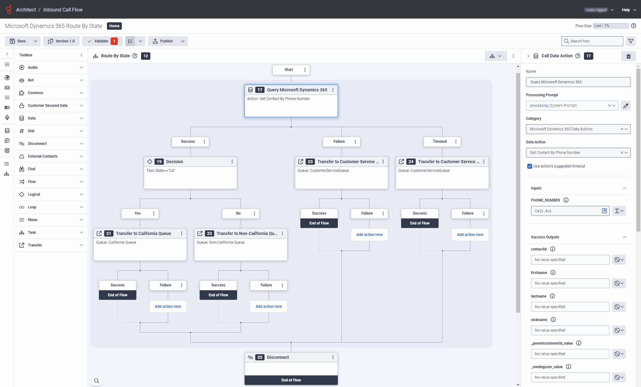 Click to enlarge. Example call flow for Microsoft Dynamics 365 data actions integration