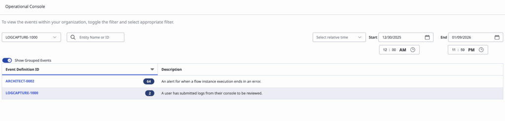 Click to enlarge. Operational Console page with grouped events