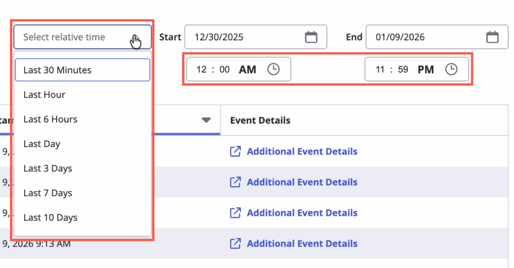 Click to enlarge. Time and date filters available on the Operational Console page