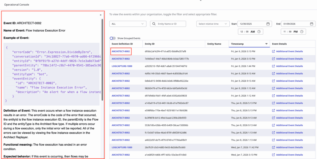 Click to enlarge. Related or supporting information for the selected event definition ID populated from the event catalog