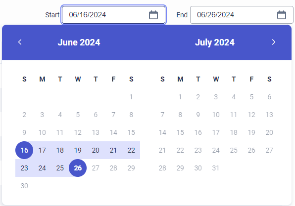 Click to enlarge. Image of the start and end date fields and the calendar