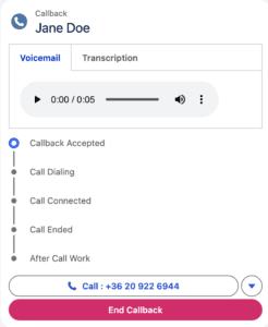 Click to enlarge. This image is a screenshot of the callback operations in the interaction panel in the contact center app of Salesforce Service Cloud Voice console.