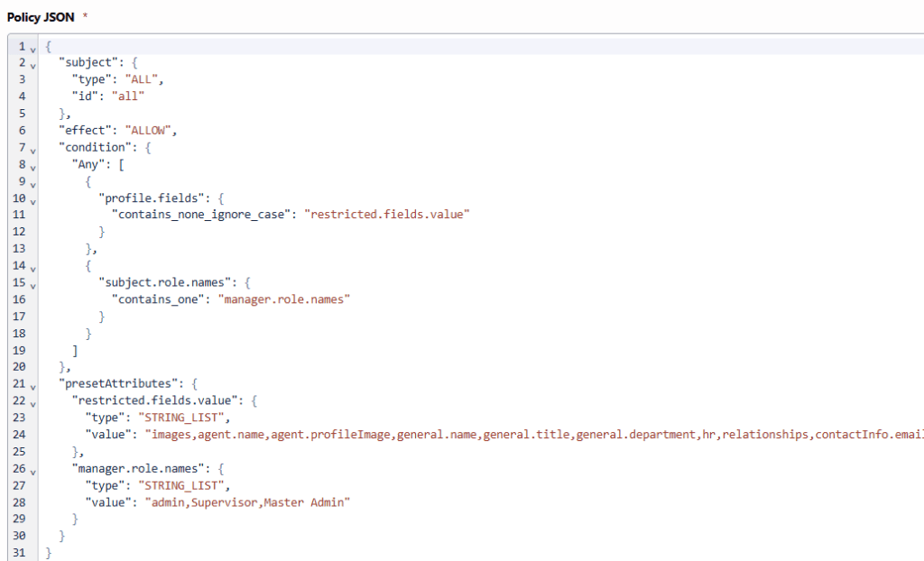 Click to enlarge. ABAC Policy editor depicting Cannot Update Certain User Profile Fields template