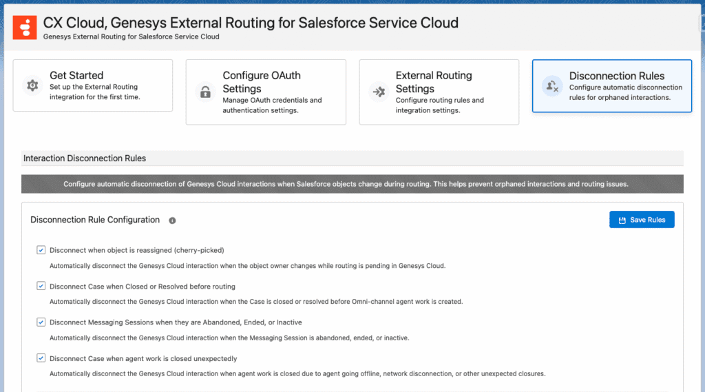 Click to enlarge. This image is a screenshot of the dicsonnect rules option in External Routing package setup in Salesforce Service Cloud voice.
