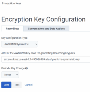 Click to enlarge. Screenshot showing encryption key configuration for AWS KMS