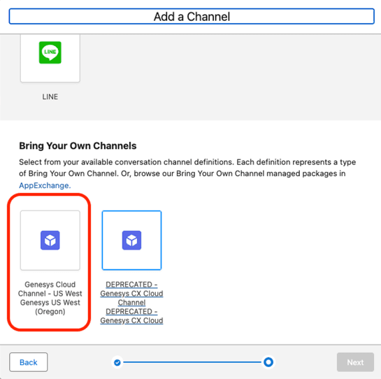 Click to enlarge. This image is a screenshot of adding a Messaging Channel in Salesforce.