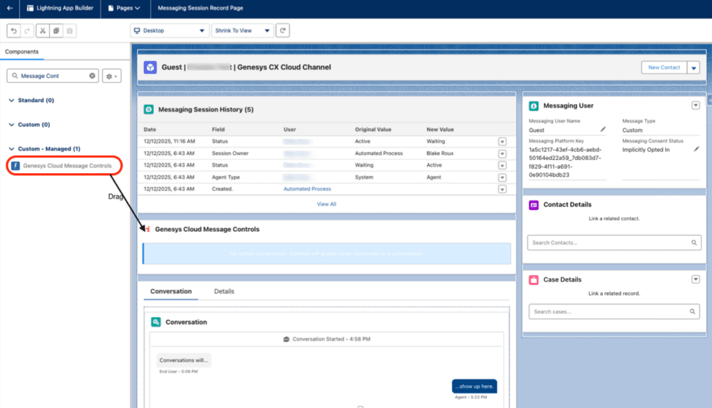 Click to enlarge. This image is a screenshot of the Lightning app builder with the custom components for CCaaS.