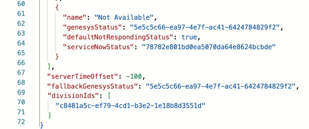 Click to enlarge. This image is a screenshot of the Advanced Configuration of the Unified Experience from Genesys and ServiceNow integration.