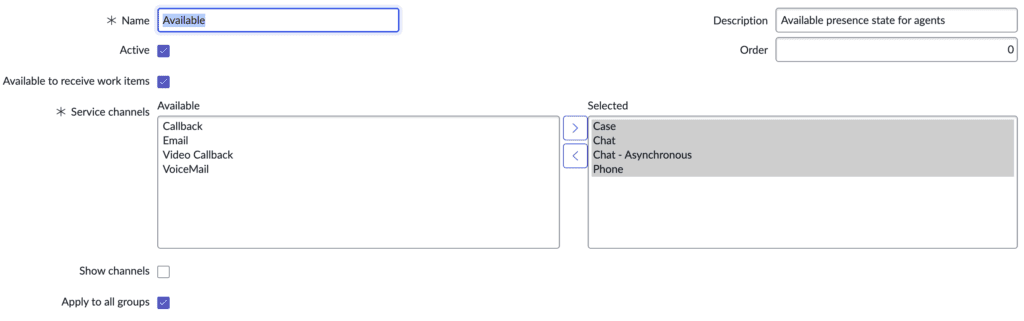 Click to enlarge. This image is a screenshot of the Available presence status in ServiceNow UI that shows the messaging service channel added to the selected list.
