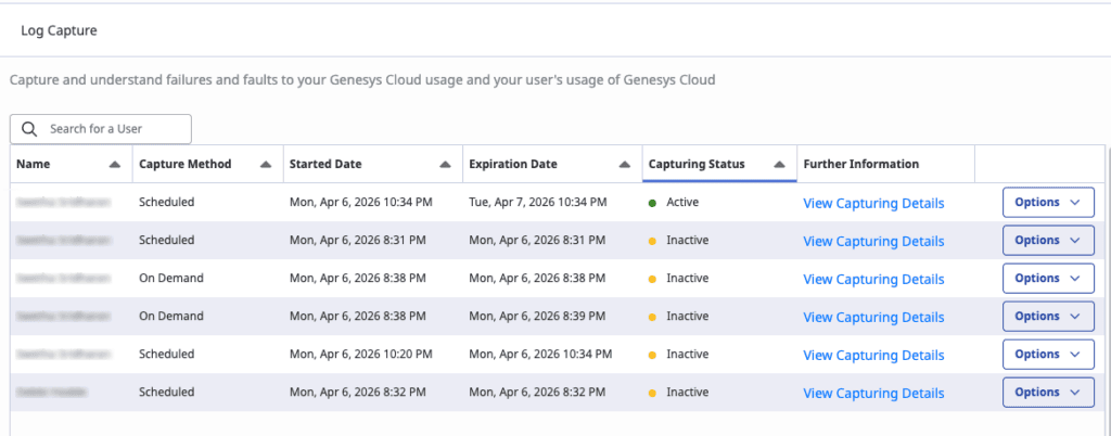 Click to enlarge. Log Capture page