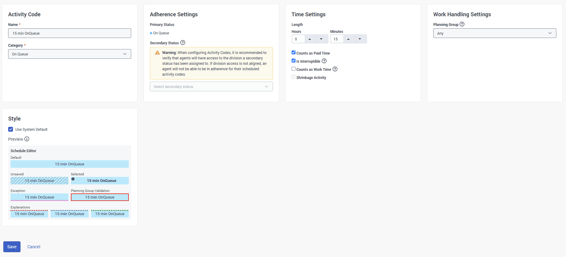 Click to enlarge. Activity details page displaying the color styling section
