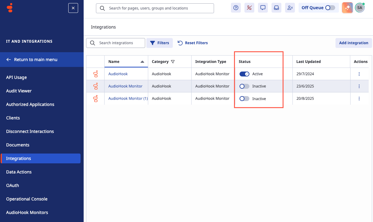 Click to enlarge. AudioHook Monitor active integrations limit