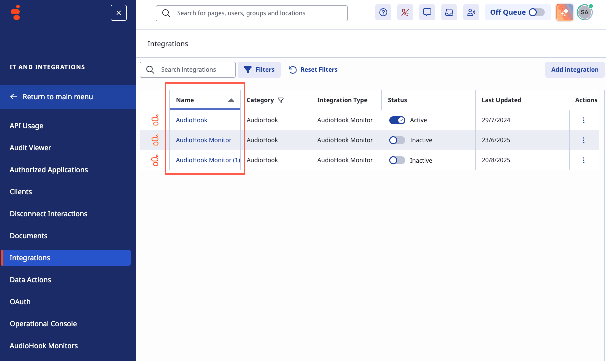 Click to enlarge. AudioHook Monitor integrations organization limit