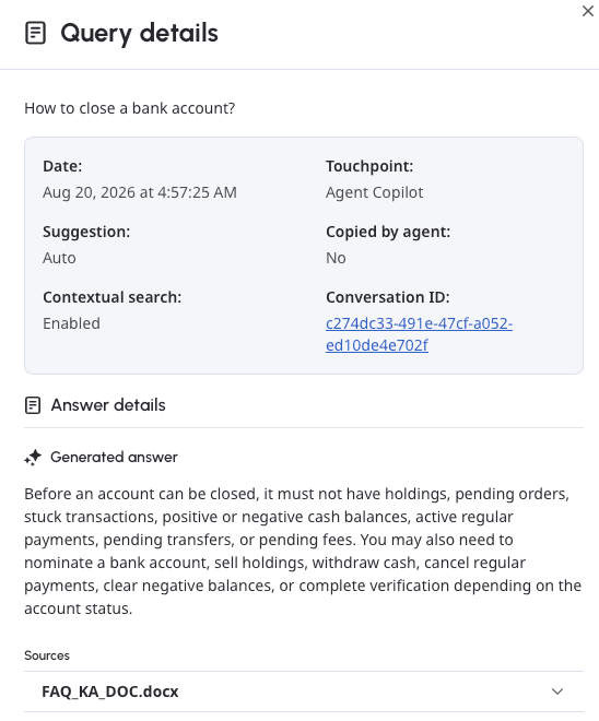 Click to enlarge. Knowledge fabric optimizer dashboard - queries with negative feedback detail