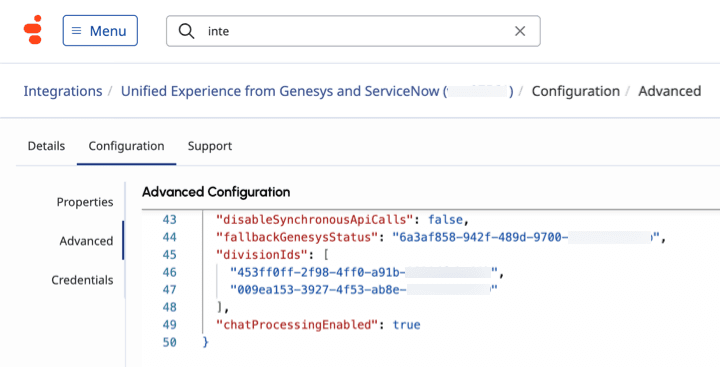 Click to enlarge. This image is a screenshot of the advanced configuration in the Unified Experience for ServiceNow integration in Genesys Cloud.